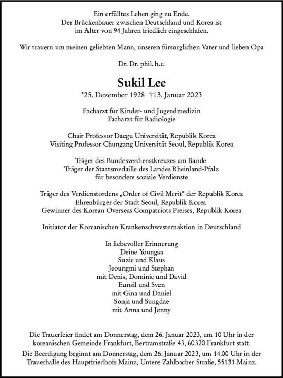 Traueranzeige von Sukil Lee von Allgemeine Zeitung Mainz