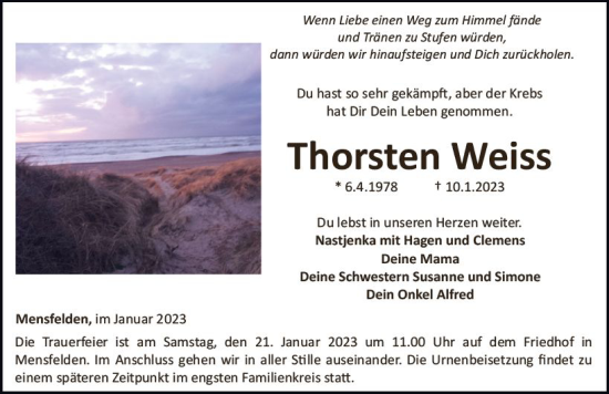 Traueranzeige von Thorsten Weiss von Nassauische Neue Presse