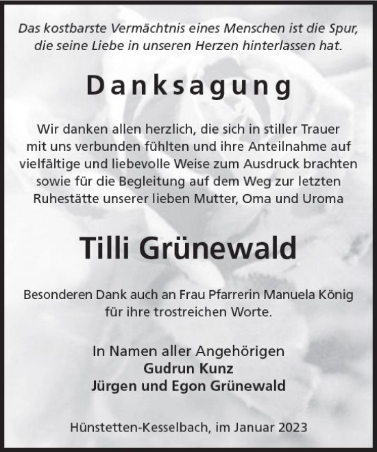 Traueranzeige von Tilli Grünewald von Idsteiner Land / Untertaunus Kurier
