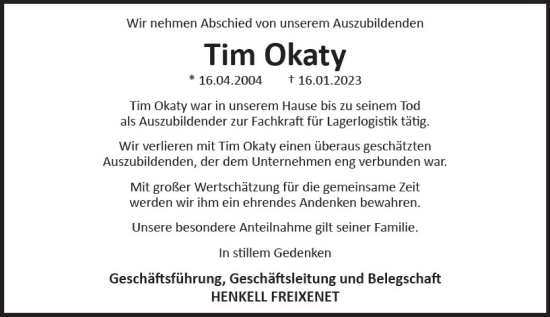 Traueranzeige von Tim Okaty von Wiesbadener Kurier gesamt