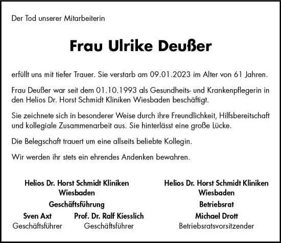 Traueranzeige von Ulrike Deußer von Wiesbadener Kurier gesamt