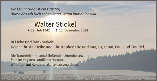Traueranzeige von Walter Stickel von Wiesbadener Kurier gesamt