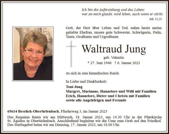 Traueranzeige von Waltraud Jung von Nassauische Neue Presse
