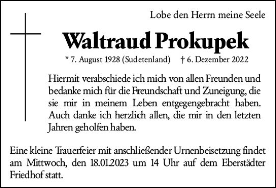 Traueranzeige von Waltraud Prokupek von Darmstädter Echo