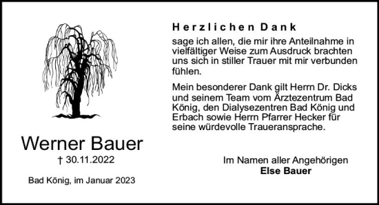 Traueranzeige von Werner Bauer von Odenwälder Echo