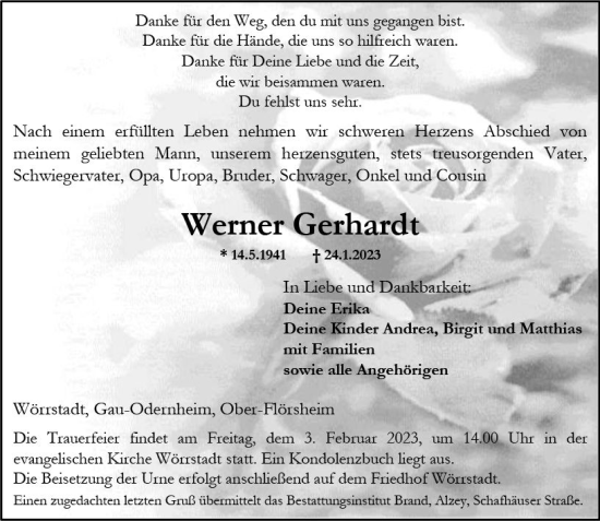 Traueranzeige von Werner Gerhardt von Allgemeine Zeitung Alzey