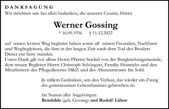 Traueranzeige von Werner Gossing von Allgemeine Zeitung Ingelheim-Bingen