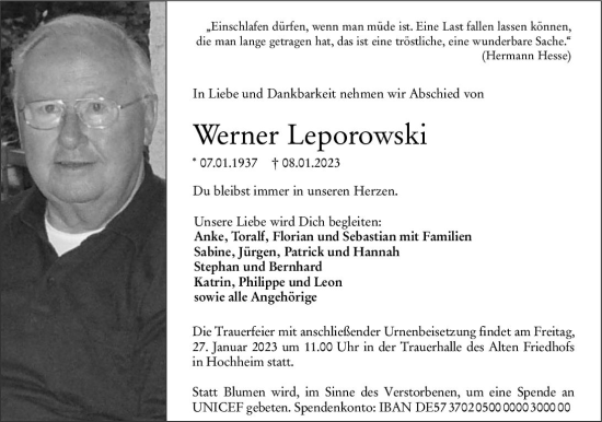 Traueranzeige von Werner Leporowski von Hochheimer Zeitung