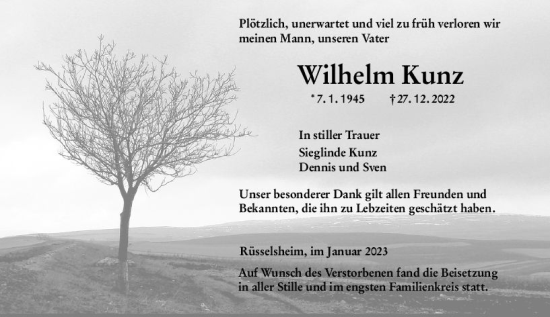 Traueranzeige von Wilhelm Kunz von Rüsselsheimer Echo