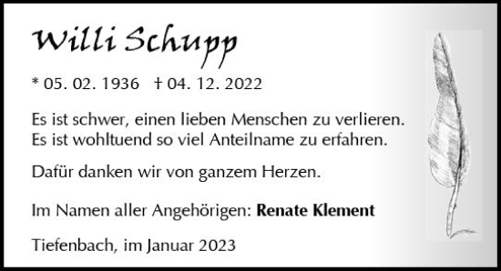 Traueranzeige von Willi Schupp von Wetzlarer Neue Zeitung