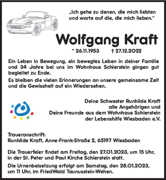 Traueranzeige von Wolfgang Kraft von Wiesbadener Kurier gesamt