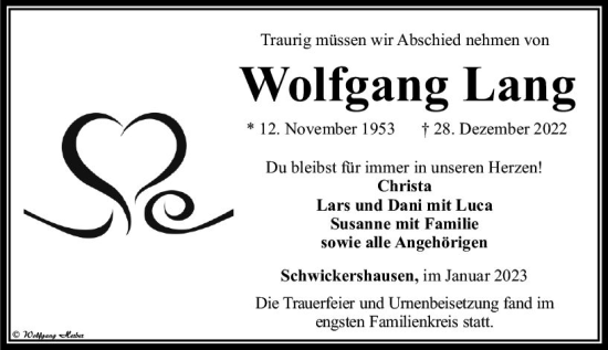 Traueranzeige von Wolfgang Lang von Camberger Anzeiger