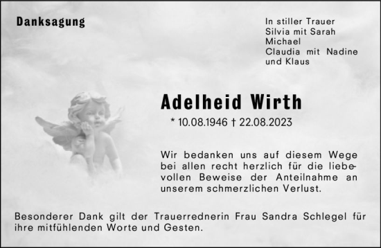 Traueranzeige von Adelheid Wirth von Allgemeine Zeitung Alzey