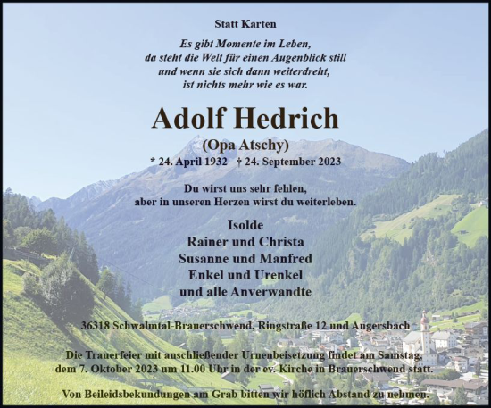 Traueranzeige von Adolf Hedrich von VRM Trauer