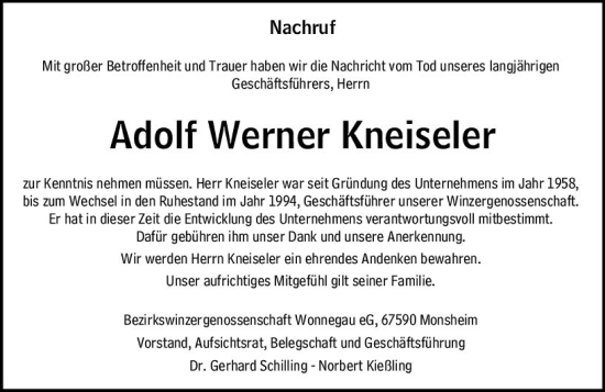 Traueranzeige von Adolf Werner Kneiseler von Wormser Zeitung