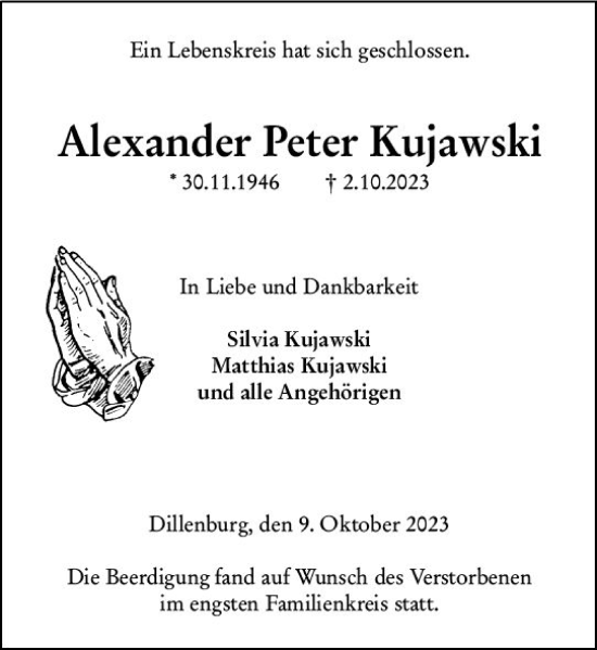Traueranzeige von Alexander Peter Kujawski von Dill Block