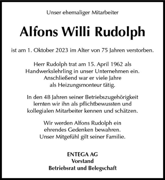 Traueranzeige von Alfons Willi Rudolph von Odenwälder Echo