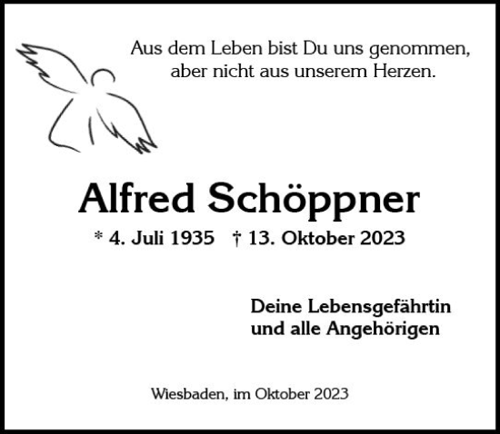 Traueranzeige von Alfred Schöppner von Wiesbadener Kurier