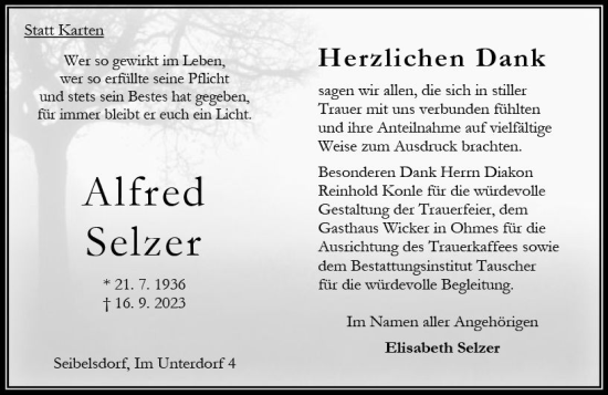 Traueranzeige von Alfred Selzer von Oberhessen Kurier
