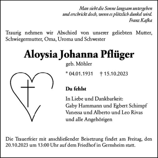 Traueranzeige von Aloysia Johanna Pflüger von Groß-Gerauer Echo