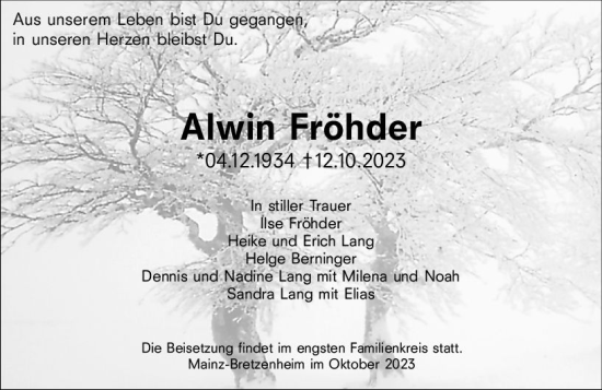 Traueranzeige von Alwin Fröhder von Allgemeine Zeitung Mainz