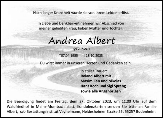 Traueranzeige von Andrea Albert von Allgemeine Zeitung Mainz