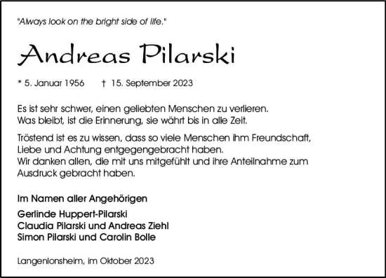 Traueranzeige von Andreas Pilarski von Allgemeine Zeitung Bad Kreuznach