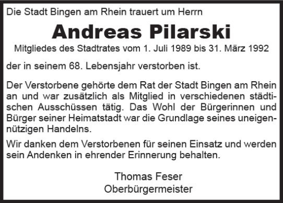Traueranzeige von Andreas Pilarski von Allgemeine Zeitung Bingen/Ingelheim