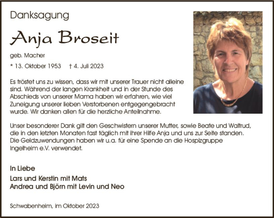 Traueranzeige von Anja Broseit von Allgemeine Zeitung Bingen/Ingelheim