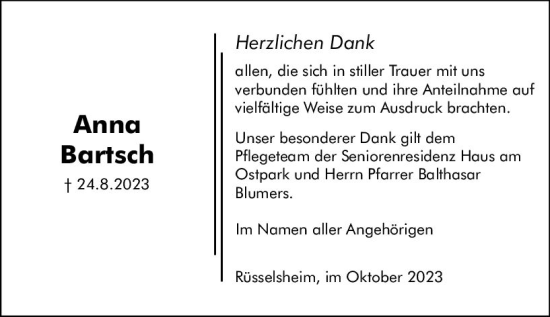 Traueranzeige von Anna Bartsch von Rüsselsheimer Echo