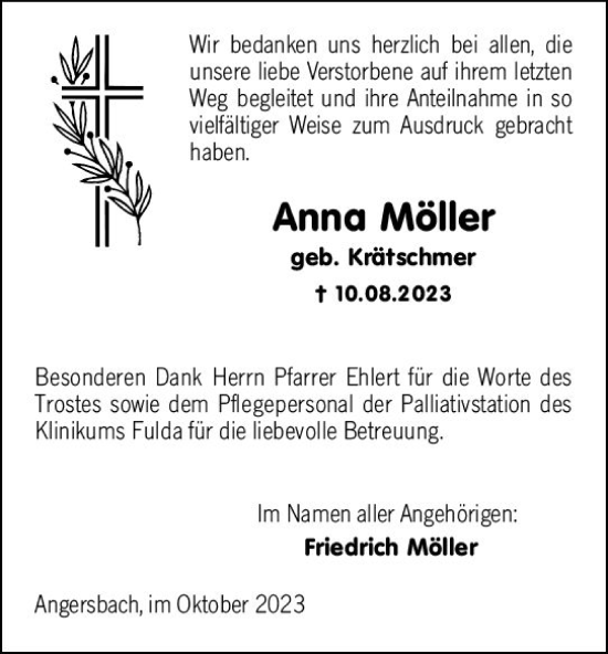 Traueranzeige von Anna Möller von VRM Trauer