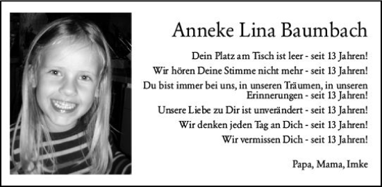 Traueranzeige von Anneke Lina Baumbach von Allgemeine Zeitung Mainz