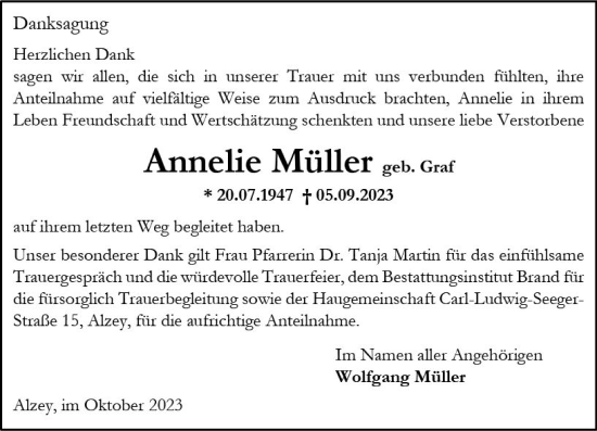 Traueranzeige von Annelie Müller von Allgemeine Zeitung Alzey