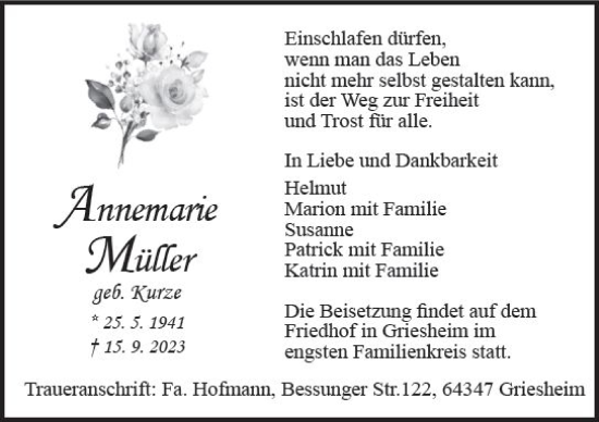 Traueranzeige von Annemarie Müller von Darmstädter Echo