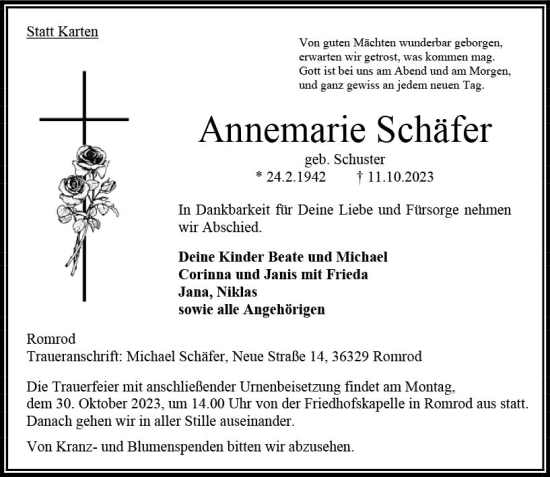 Traueranzeige von Annemarie Schäfer von VRM Trauer