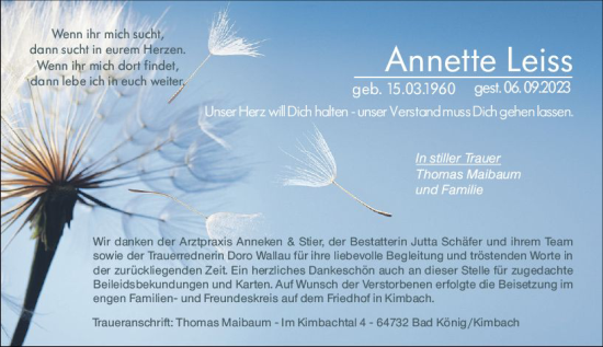 Traueranzeige von Annette Leiss von Odenwälder Echo