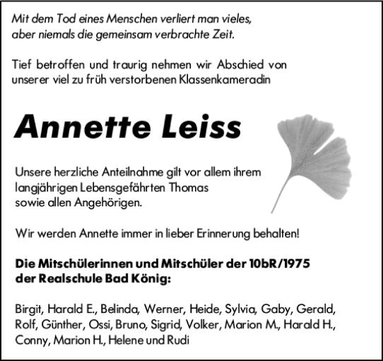 Traueranzeige von Annette Leiss von Odenwälder Echo