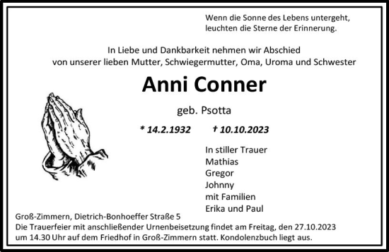 Traueranzeige von Anni Conner von Dieburger Anzeiger/Groß-Zimmerner Lokal-Anzeiger