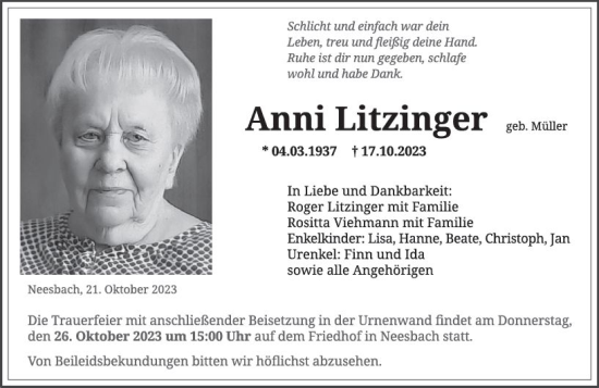 Traueranzeige von Anni Litzinger von Nassauische Neue Presse