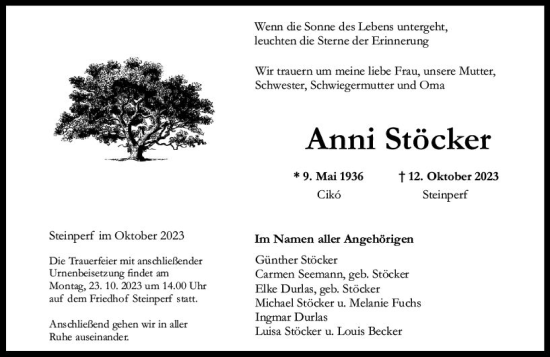 Traueranzeige von Anni Stöcker von Hinterländer Anzeiger