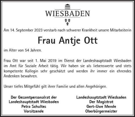 Traueranzeige von Antje Ott von Wiesbadener Kurier