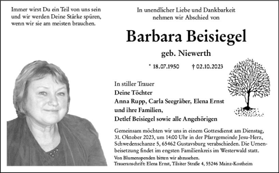 Traueranzeige von Barbara Beisiegel von Wiesbadener Kurier