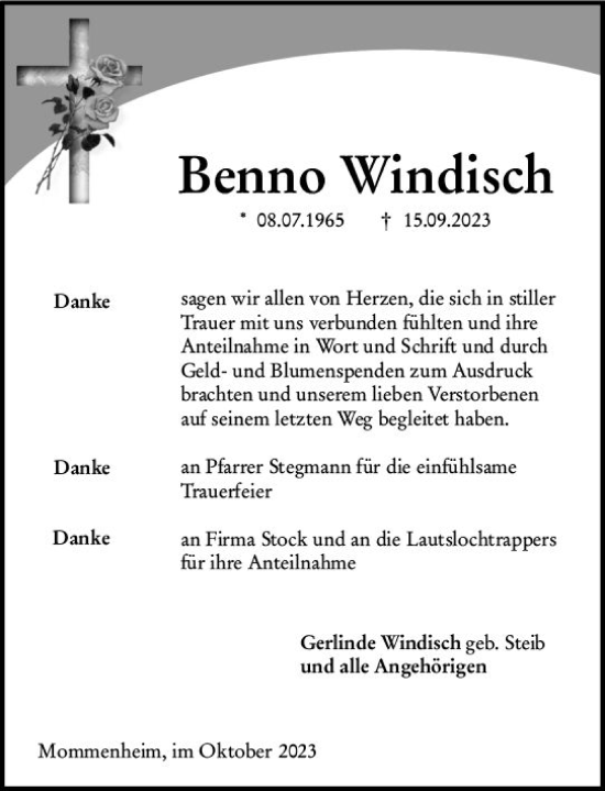 Traueranzeige von Benno Windisch von Allgemeine Zeitung Mainz