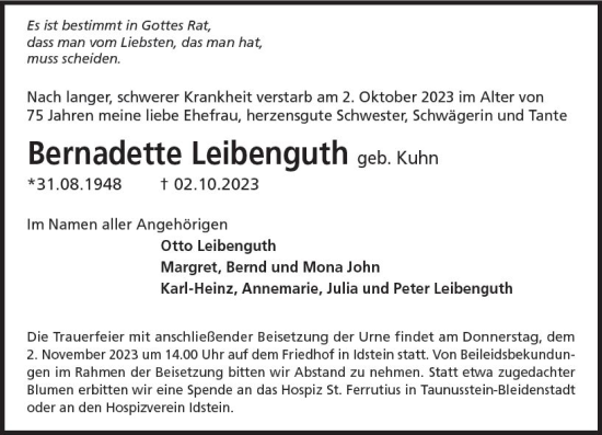 Traueranzeige von Bernadette Leibenguth von Idsteiner Land/Untertaunus