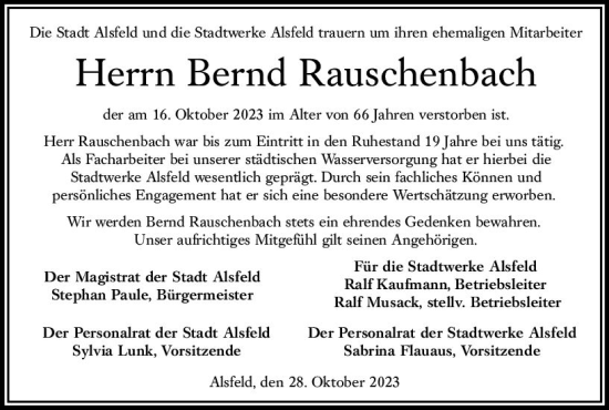 Traueranzeige von Bernd Rauschenbach von VRM Trauer