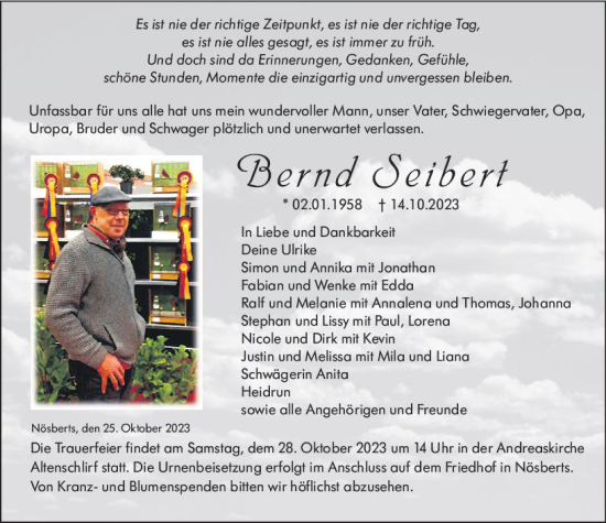 Traueranzeige von Bernd Seibert von VRM Trauer