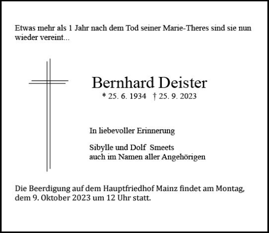Traueranzeige von Bernhard Deister von Allgemeine Zeitung Mainz