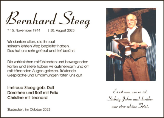 Traueranzeige von Bernhard Steeg von Allgemeine Zeitung Mainz