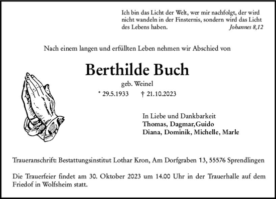 Traueranzeige von Berthilde Buch von Allgemeine Zeitung Bingen/Ingelheim