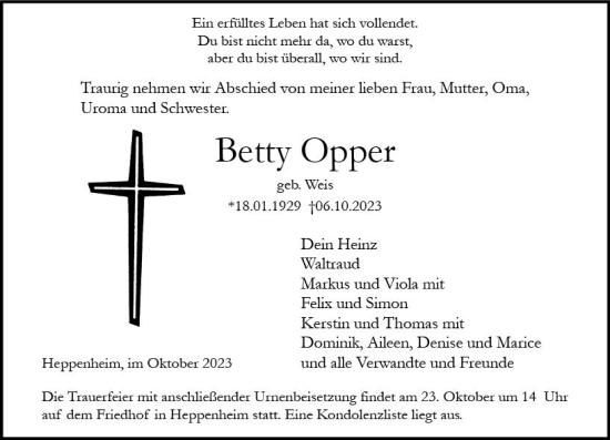 Traueranzeige von Betty Opper von Starkenburger Echo
